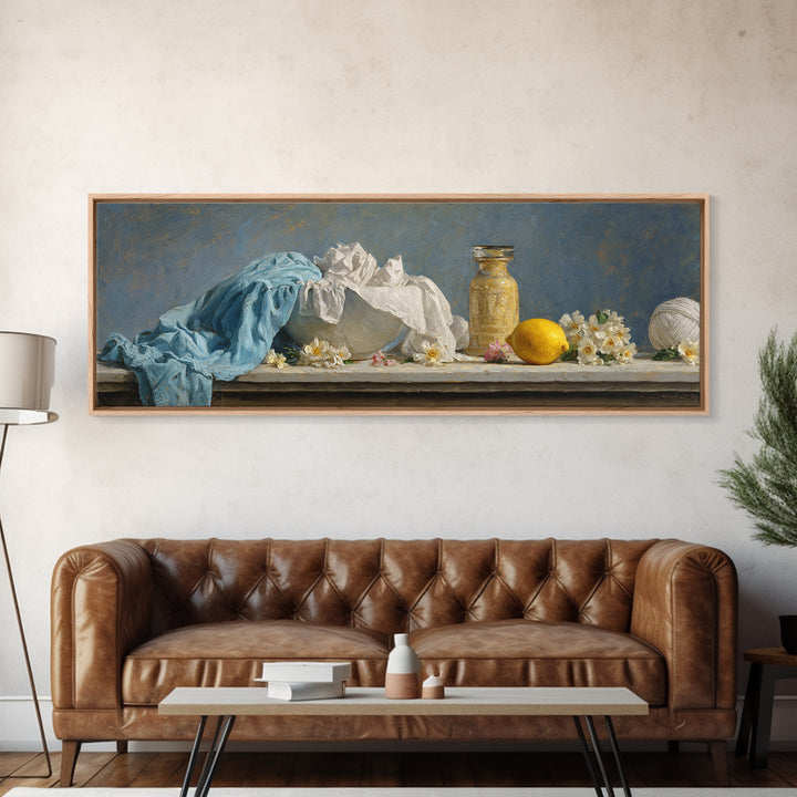 Lemon and Clean Linen Still Life Canvas Print, Laundry Room Art, Living Room Decor, Abstract Art, Clean, Wall Art Print, LRA-3x1-43