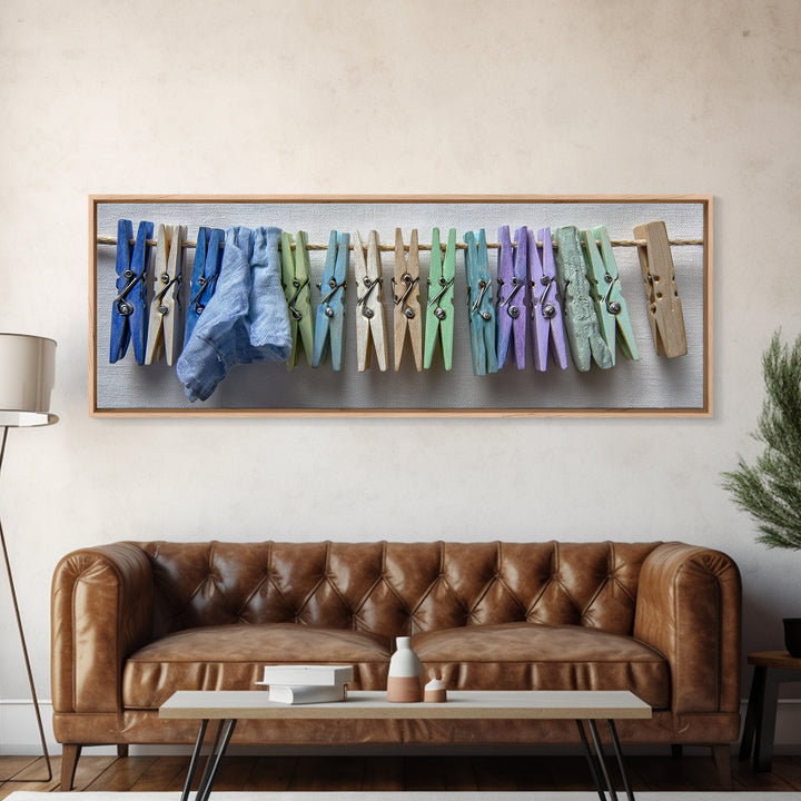 Cheerful Clothespins Arranged as Pattern Framed Canvas Print, Laundry Room Art, Neutral Decor, Living Room Decor, Clean, LRA-3x1-44