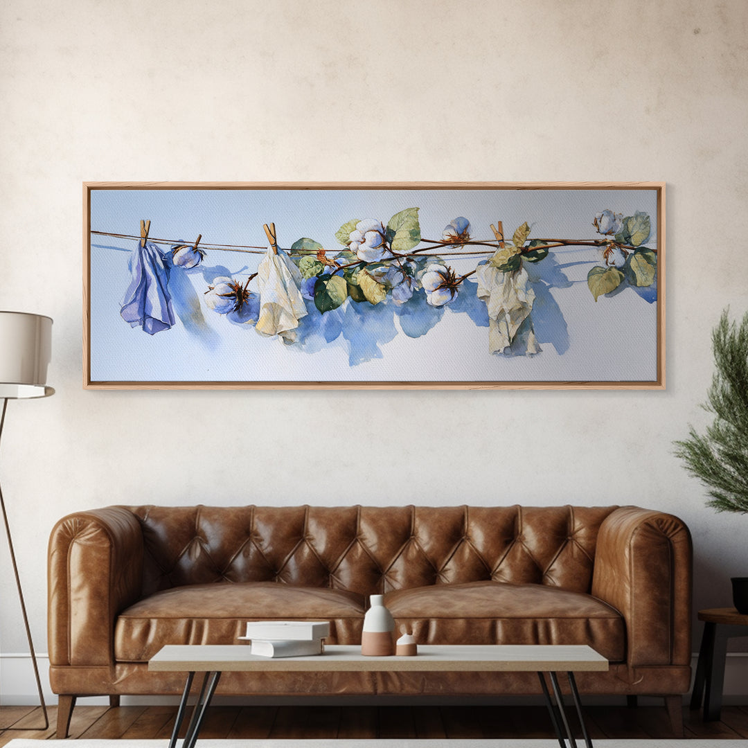 Fresh Cotton Branch Botanical Study Framed Canvas Print, Laundry Room Art, Digital Art, Living Room Decor, Fine Art, Clean, LRA-3x1-47