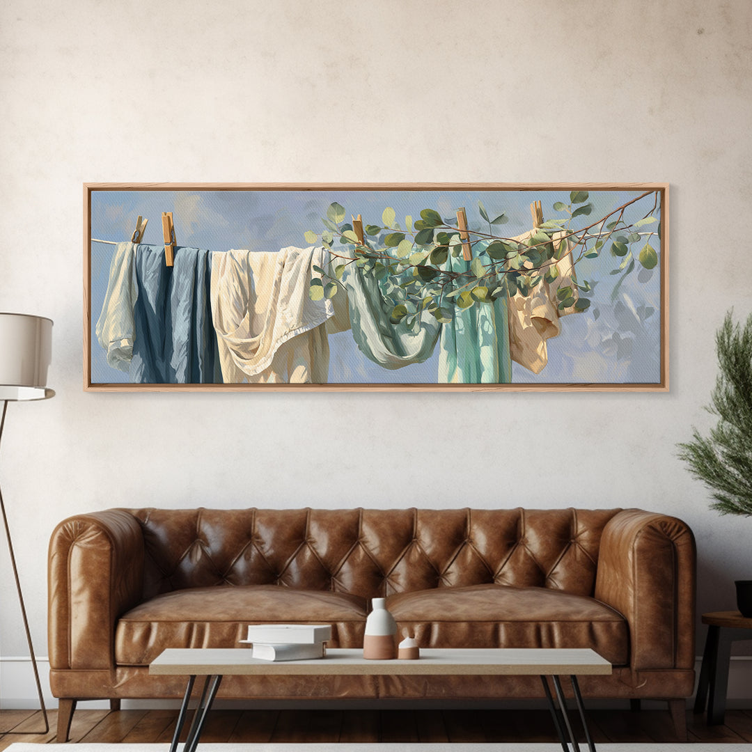 Sunlit White Towels and Eucalyptus Branch Canvas Print, Laundry Room Art, Printable Wall Art, Living Room Decor, Clean, LRA-3x1-51