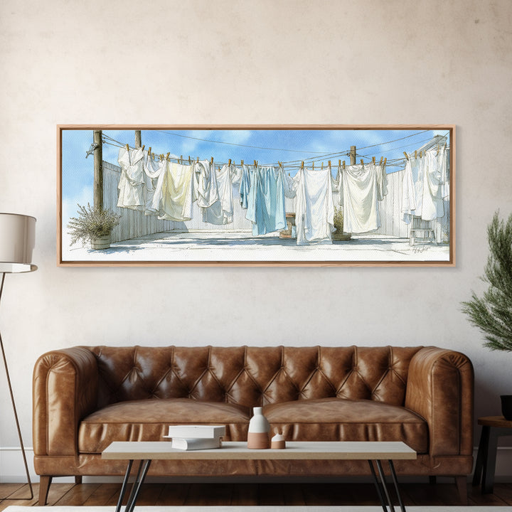 Simple Line Drawing of Hanging Laundry Framed Canvas Print, Laundry Room Art, Textured Painting, Living Room Decor, Clean, LRA-3x1-56