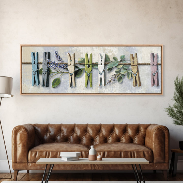 Clothespin Bouquet in Folk Art Style Framed Canvas Print, Laundry Room Art, Boho Decor, Living Room Decor, Fine Art, Clean, LRA-3x1-60