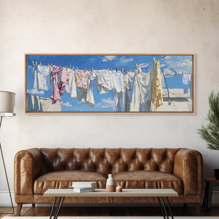 Clothesline with White Linens Blowing in Sunshine Canvas Print, Laundry Room Art, Downloadable Art, Living Room Decor, Clean, LRA-3x1-65