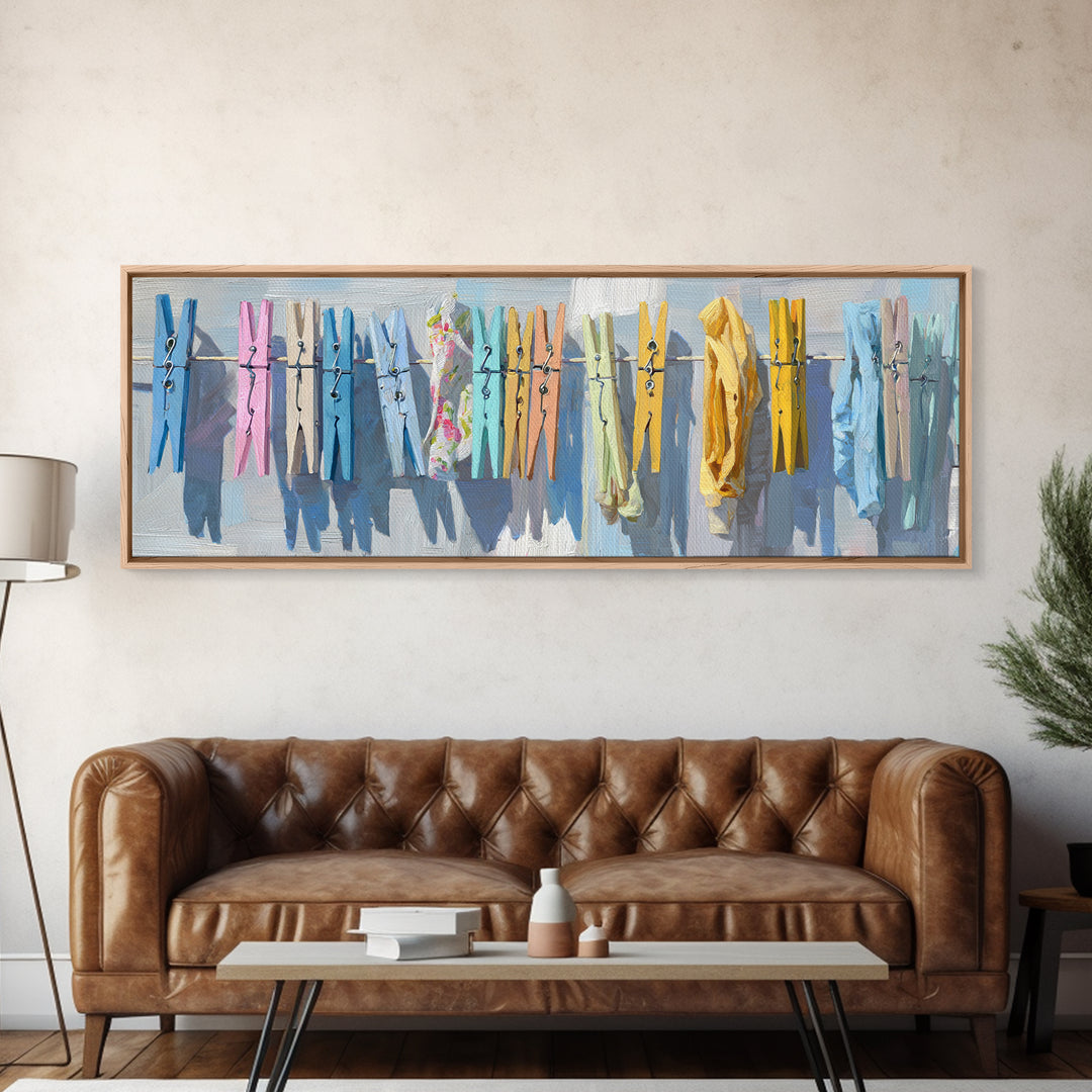 Cheerful Clothespins Arranged as Pattern Canvas Print, Laundry Room Art, Living Room Decor, Clean, Minimalist Wall Art, LRA-3x1-68