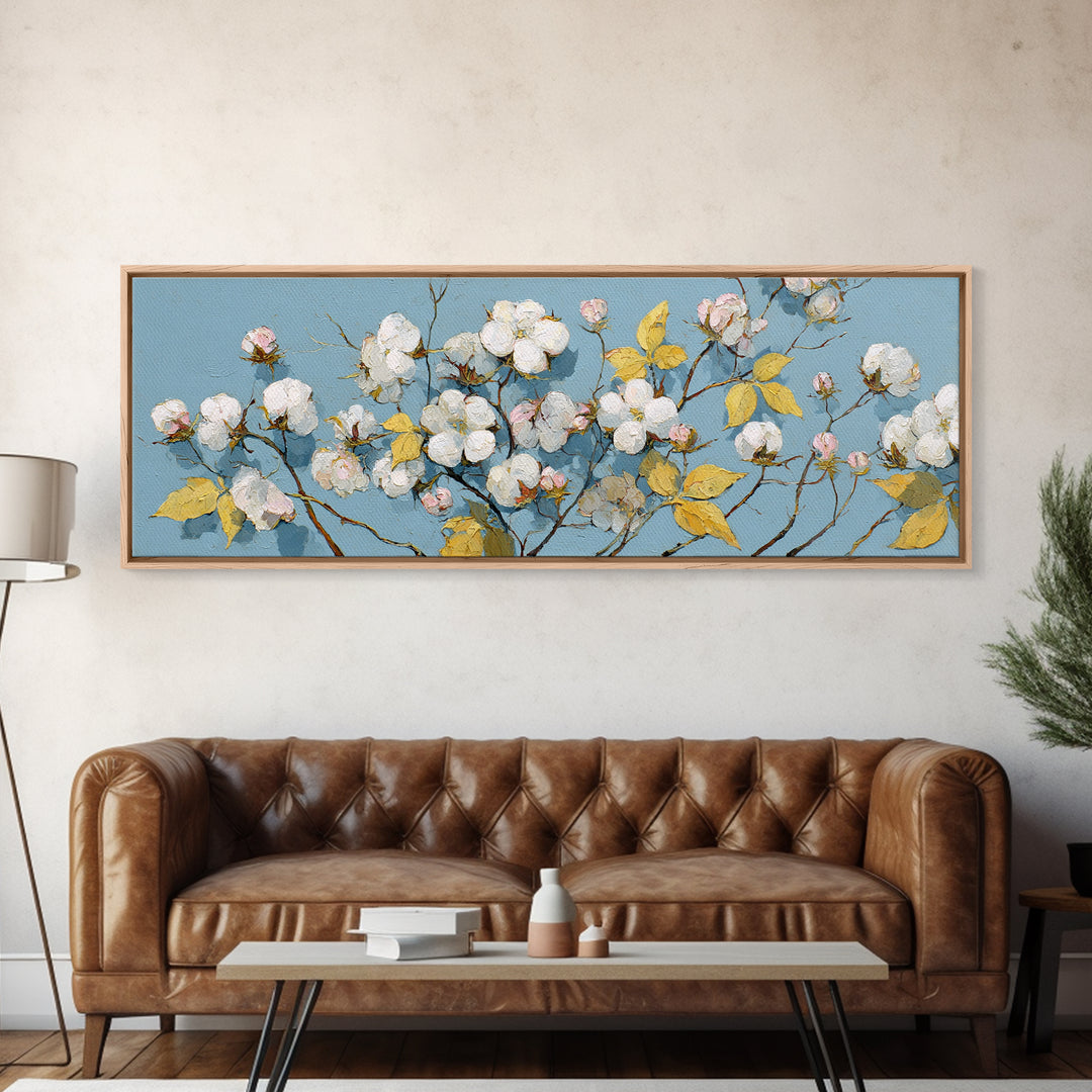 Fresh Cotton Branch Botanical Study Canvas Print, Laundry Room Art, New Home Gift, Living Room Decor, Oil Painting, Clean, LRA-3x1-71