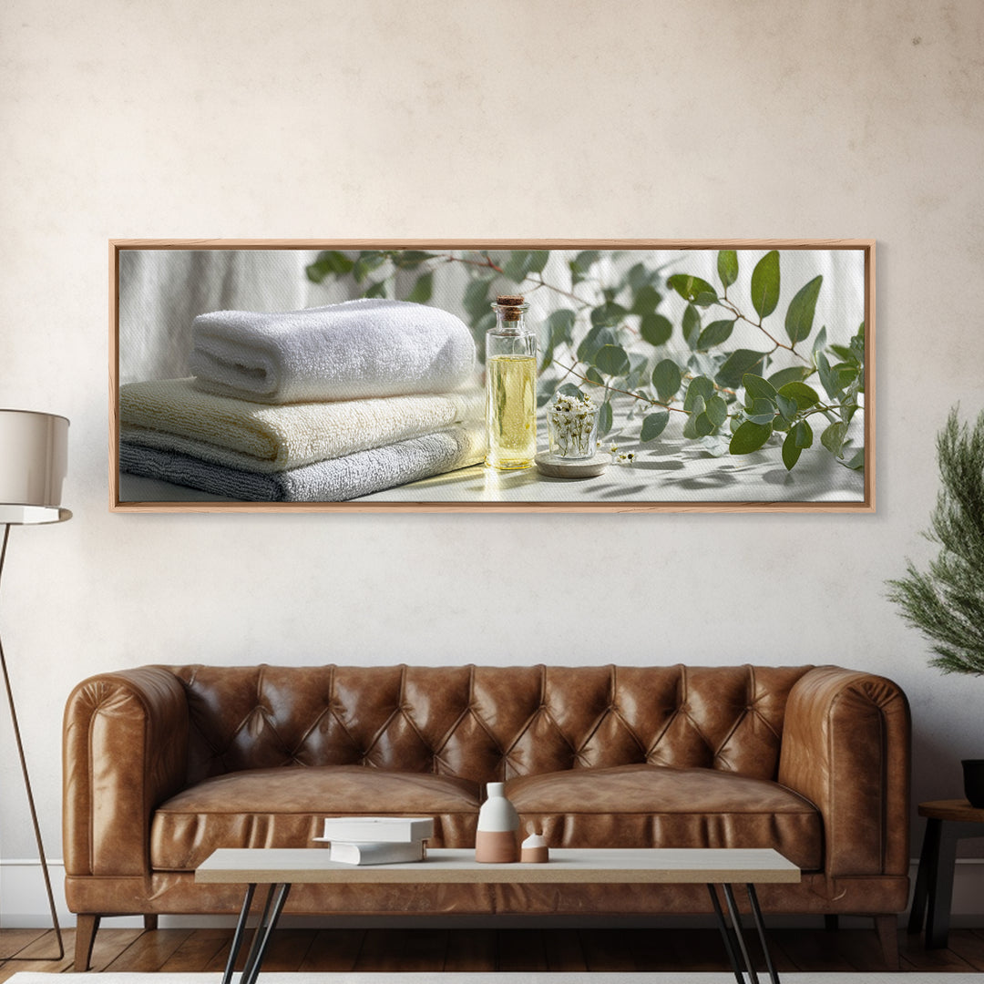 Sunlit White Towels and Eucalyptus Branch Canvas Print, Laundry Room Art, Printable Art, Living Room Decor, Watercolor Art, LRA-3x1-75