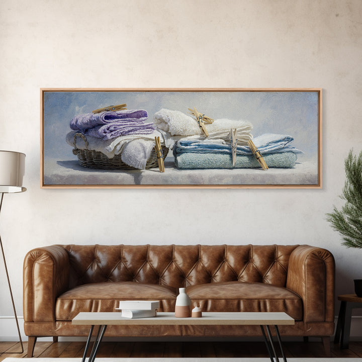 Basket of Folded Towels Canvas Print, Laundry Room Art, Painting, Living Room Decor, Fine Art, Clean, Wall Art Print, LRA-3x1-78