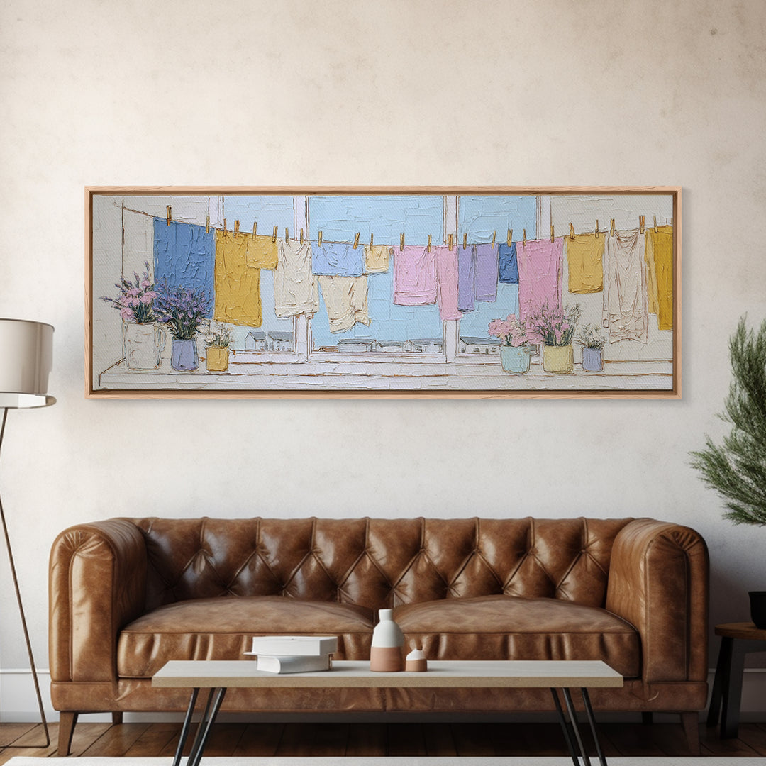 Simple Line Drawing of Hanging Laundry Canvas Print, Laundry Room Art, Downloadable Art, Living Room Decor, Abstract Art, Clean, LRA-3x1-8