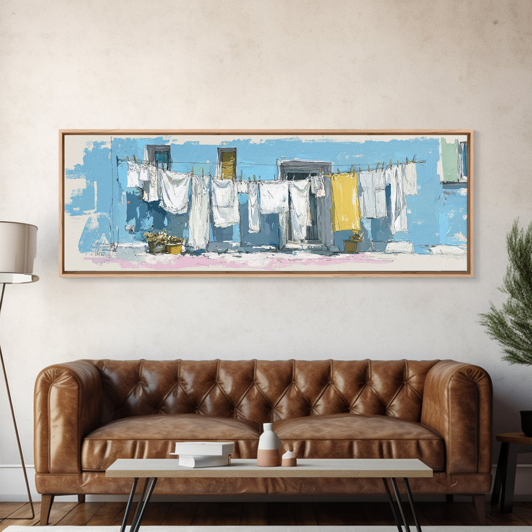 Simple Line Drawing of Hanging Laundry Canvas Print, Laundry Room Art, Painting, Living Room Decor, Abstract Art, Clean, LRA-3x1-80