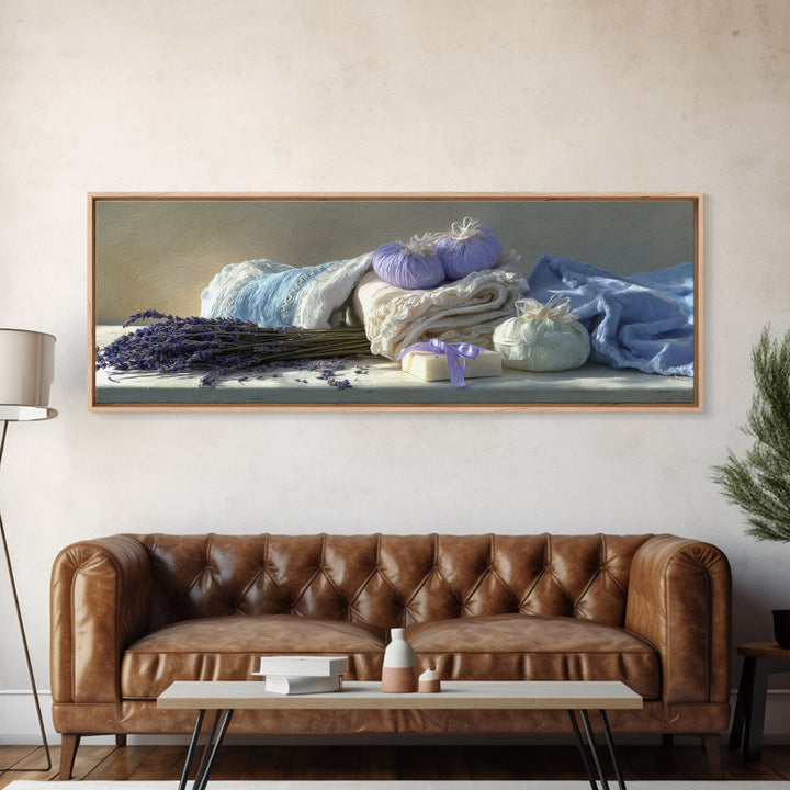 Lavender Sachet and Ribbon Still Life Framed Canvas Print, Laundry Room Art, Farmhouse Wall Art, Living Room Decor, Clean, LRA-3x1-81