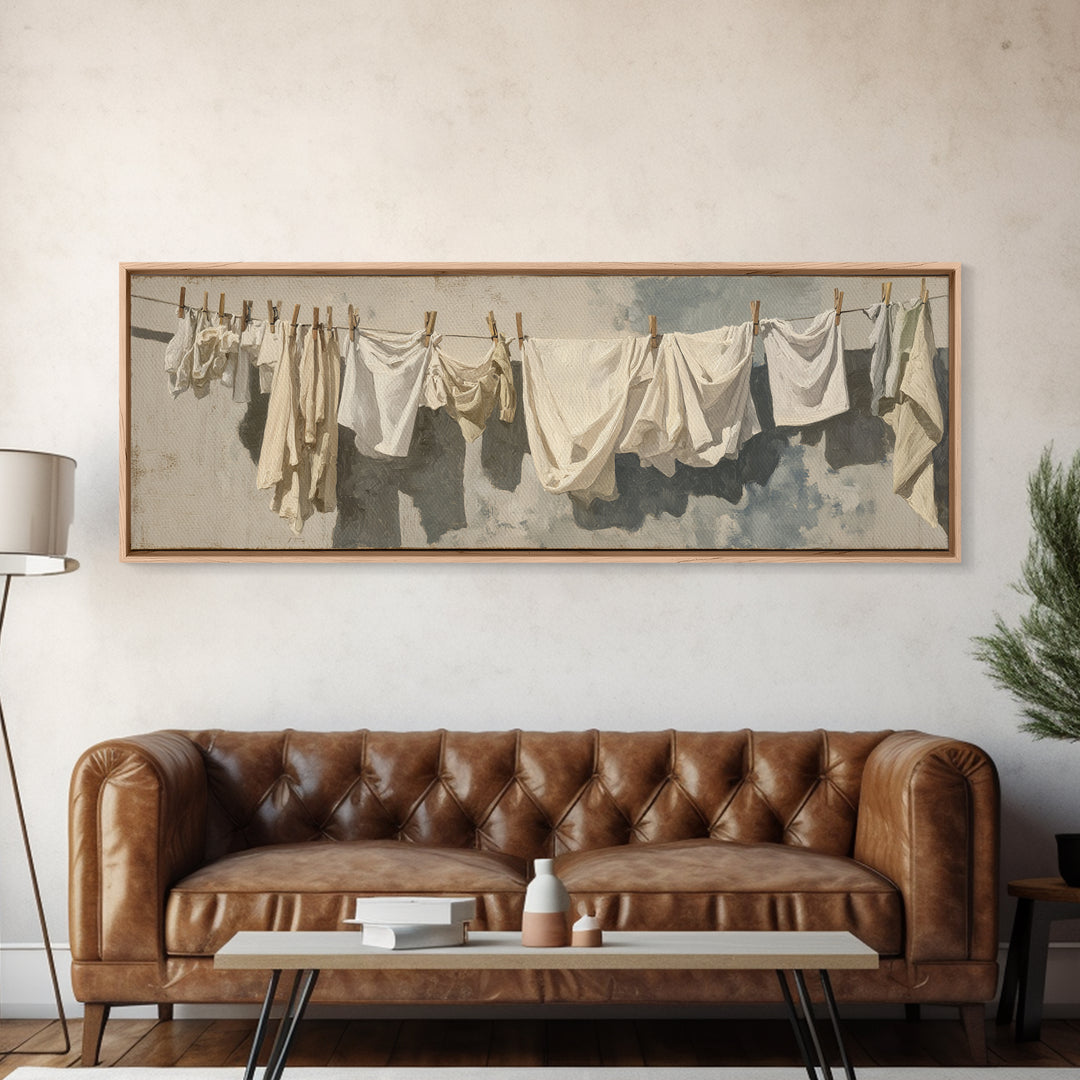Clothesline with White Linens Blowing in Sunshine Canvas Print, Laundry Room Art, Digital Art Print, Living Room Decor, Clean, LRA-3x1-89