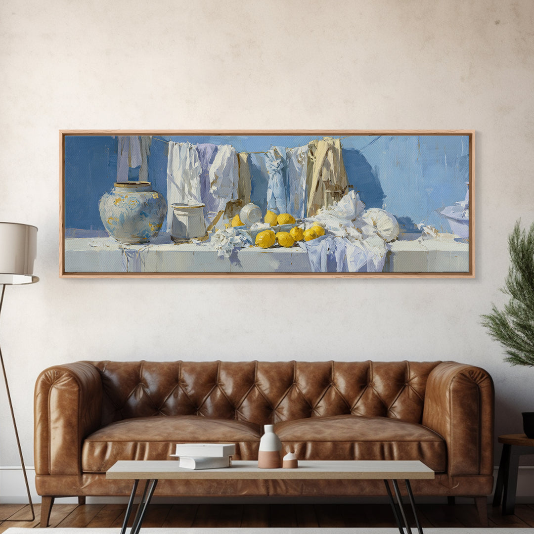 Lemon and Clean Linen Still Life Canvas Print, Laundry Room Art, Room Decor, Living Room Decor, Abstract Art, Clean, LRA-3x1-91