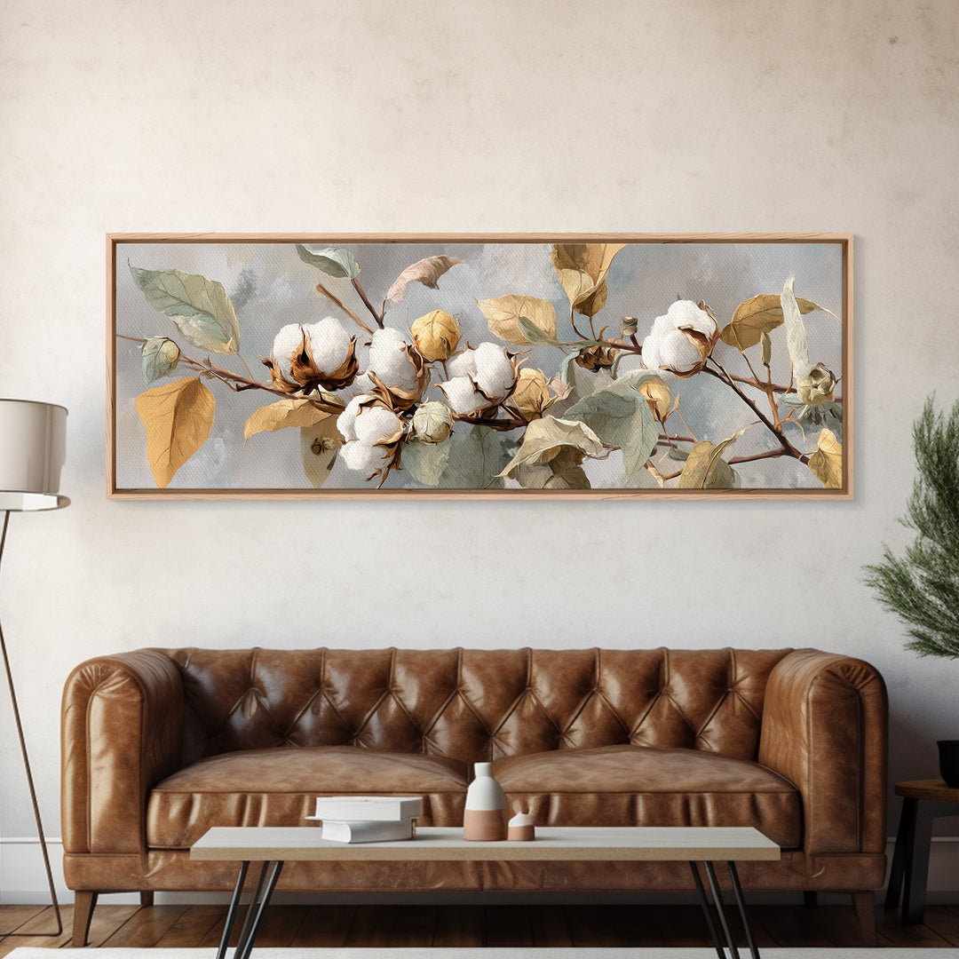 Fresh Cotton Branch Botanical Study Canvas Print, Laundry Room Art, Textured Painting, Living Room Decor, Fine Art, Clean, LRA-3x1-95