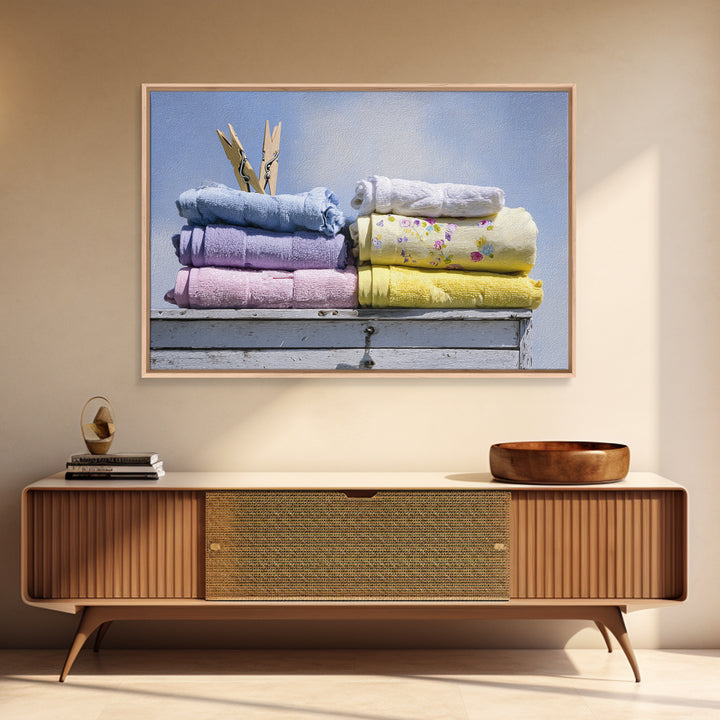 Basket of Folded Towels Framed Canvas Print, Laundry Room Art, Digital Print, Living Room Decor, Clean, Custom Wall Art, LRA-3x2-18
