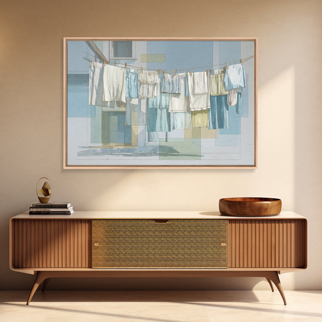 Simple Line Drawing of Hanging Laundry Framed Canvas Print, Laundry Room Art, Wall Art Print, Living Room Decor, Abstract Art, LRA-3x2-20