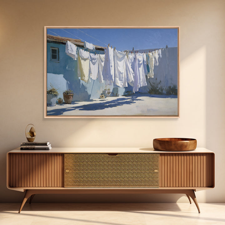 Clothesline with White Linens Blowing in Sunshine Canvas Print, Laundry Room Art, Gallery Wall Prints, Living Room Decor, Clean, LRA-3x2-29
