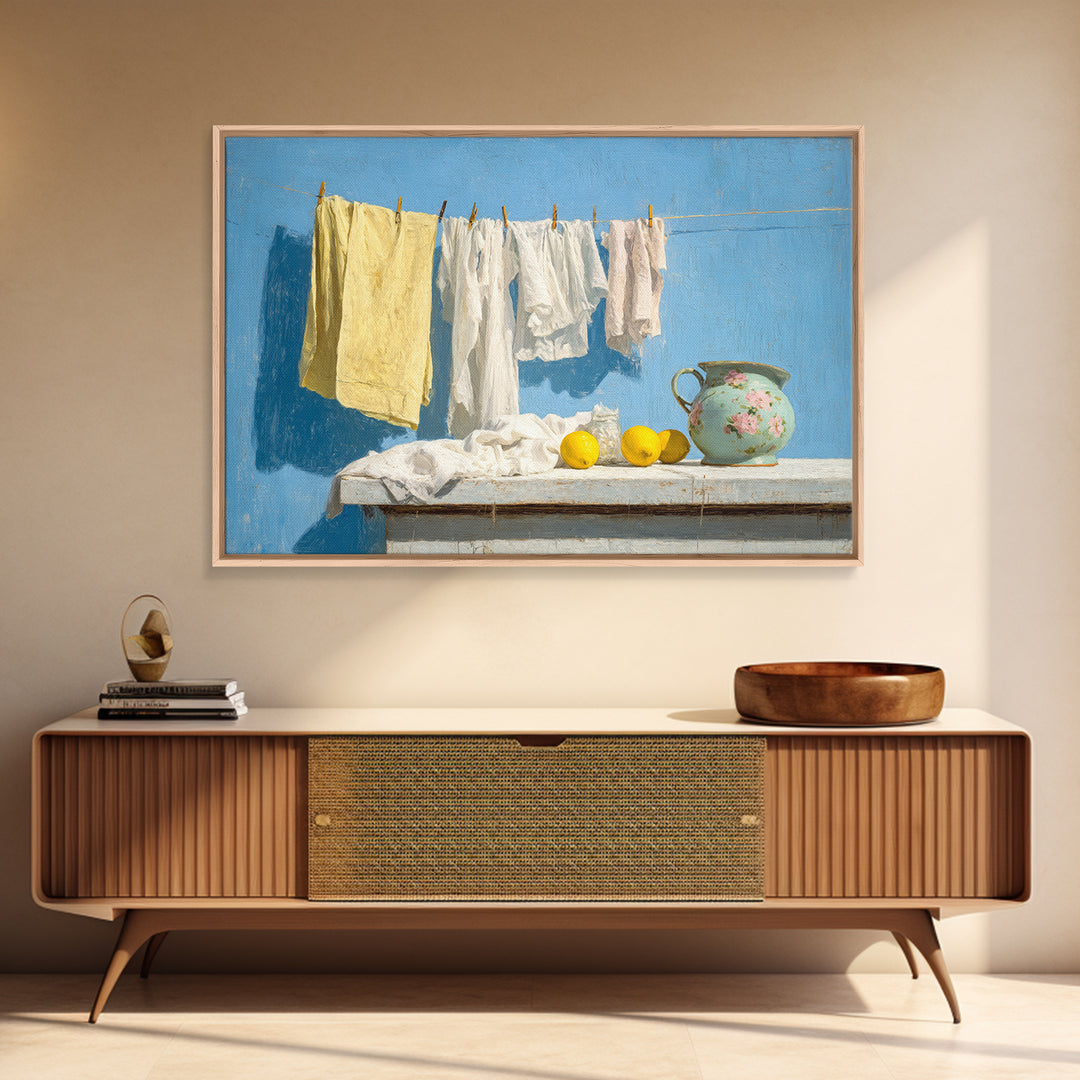 Lemon and Clean Linen Still Life Framed Canvas Print, Laundry Room Art, Living Room Decor, Abstract Art, Clean, LRA-3x2-31
