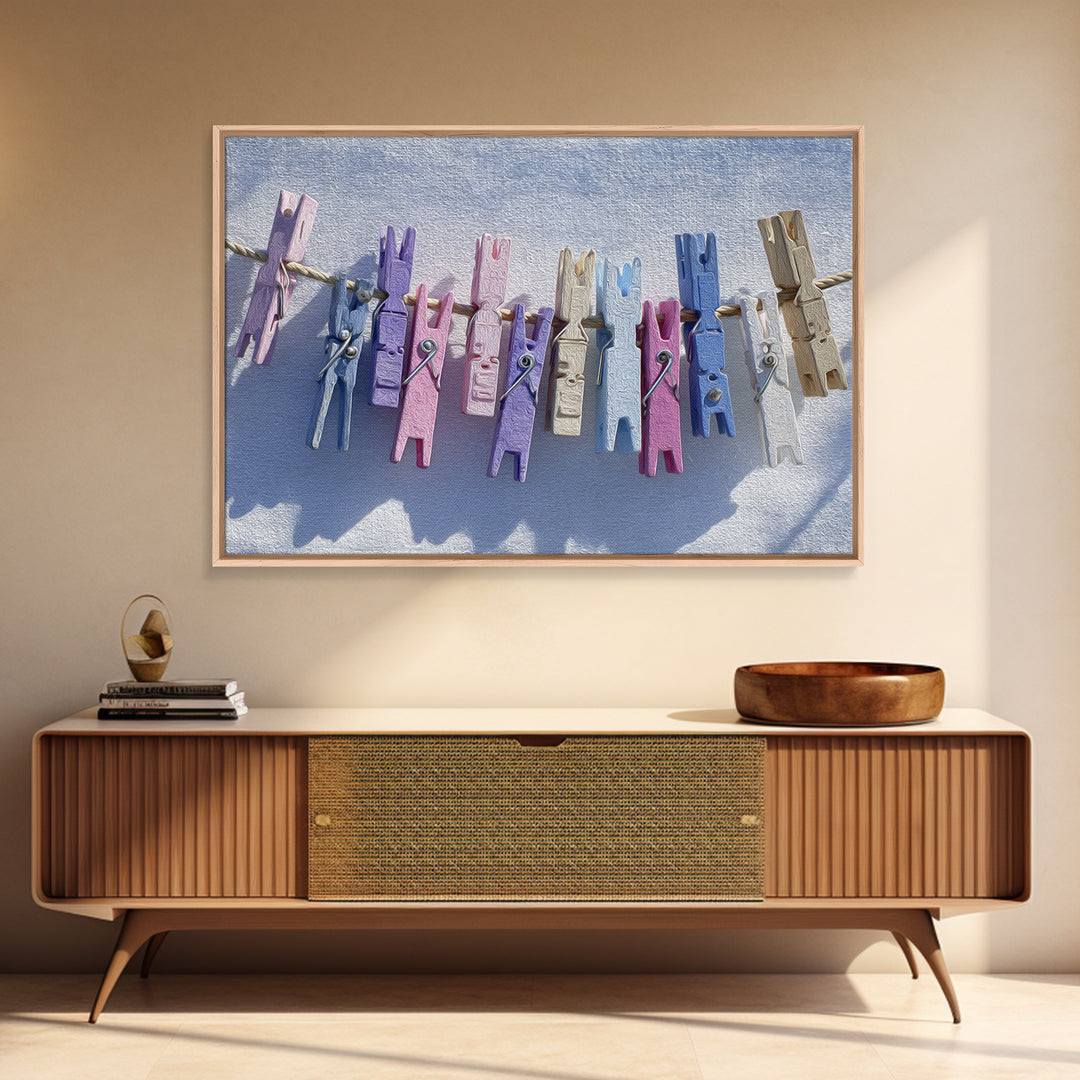 Cheerful Clothespins Arranged as Pattern Canvas Print, Laundry Room Art, Farmhouse Wall Decor, Living Room Decor, Clean, LRA-3x2-32