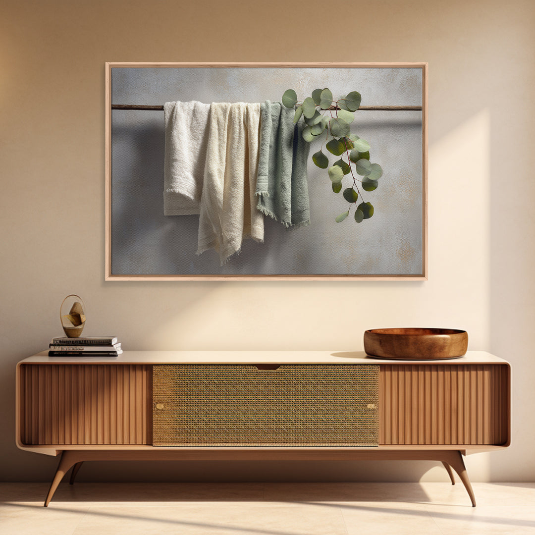 Sunlit White Towels and Eucalyptus Branch Framed Canvas Print, Laundry Room Art, Neutral Decor, Living Room Decor, LRA-3x2-39