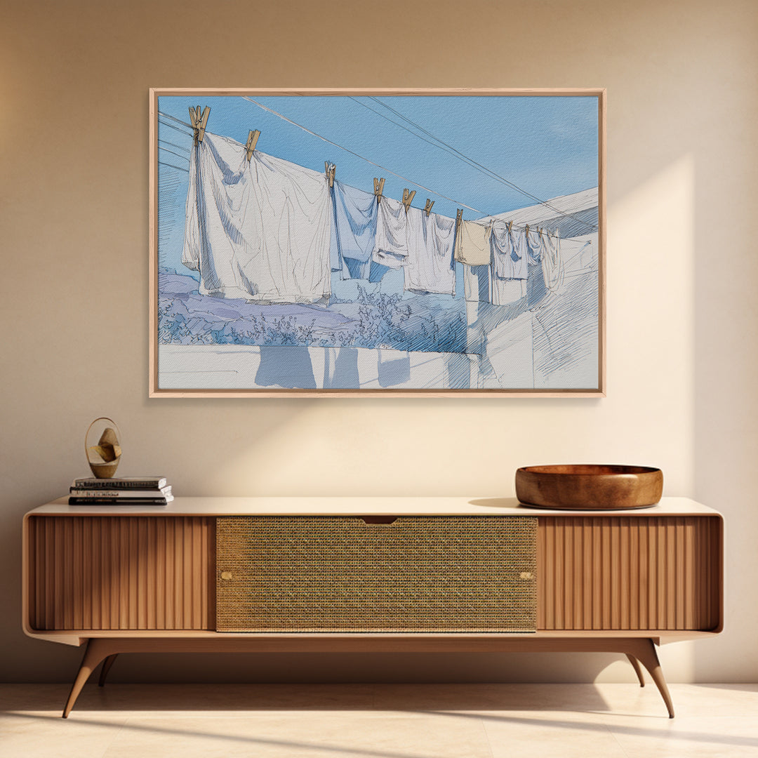Simple Line Drawing of Hanging Laundry Canvas Print, Laundry Room Art, Custom Wall Art, Living Room Decor, Abstract Art, Clean, LRA-3x2-44