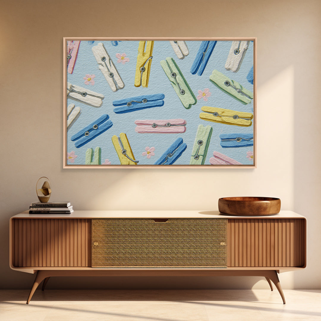 Cheerful Clothespins Arranged as Pattern Canvas Print, Laundry Room Art, Digital Art Print, Living Room Decor, Fine Art, Clean, LRA-3x2-56