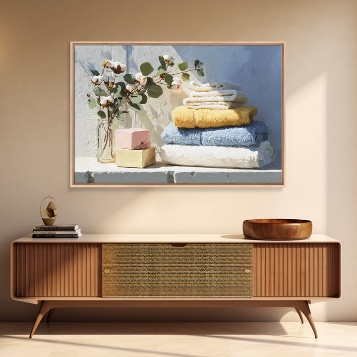 Sunlit White Towels and Eucalyptus Branch Framed Canvas Print, Laundry Room Art, Fine Art Print, Living Room Decor, Clean, LRA-3x2-87