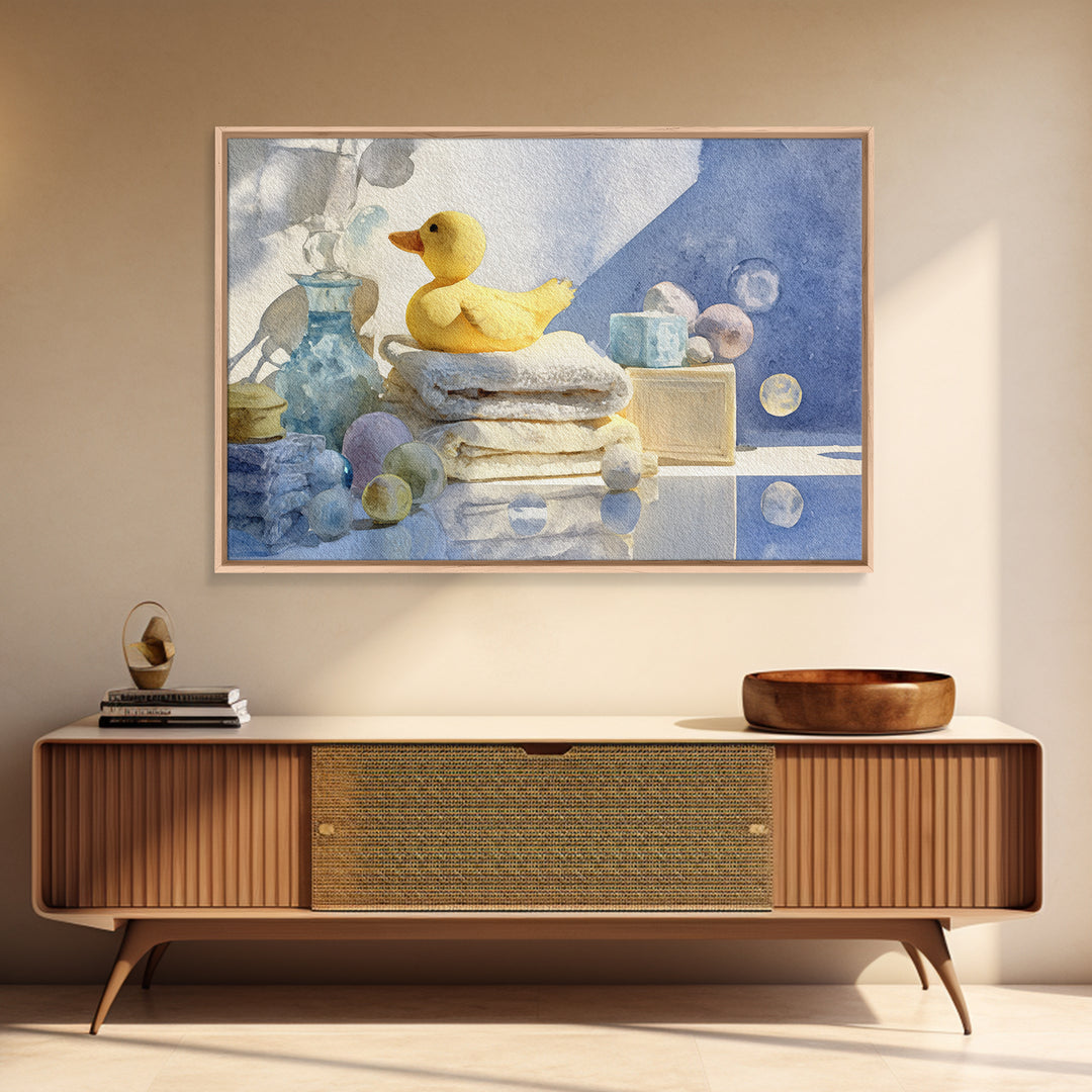 Duck and Bubbles Whimsical Watercolor Framed Canvas Print, Laundry Room Art, Painting, Living Room Decor, Oil Painting, Clean, LRA-3x2-91