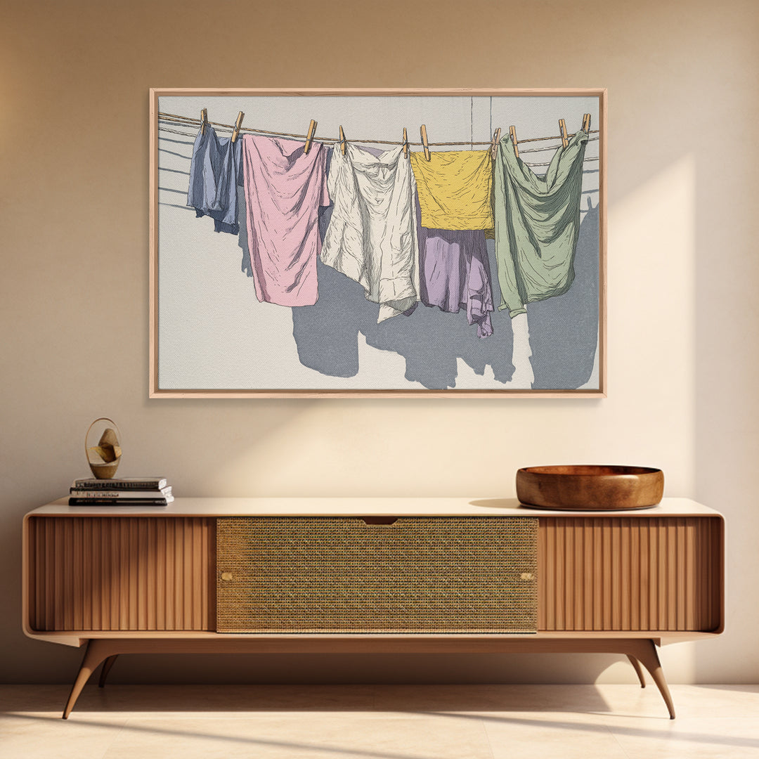 Simple Line Drawing of Hanging Laundry Framed Canvas Print, Laundry Room Art, Luxury Decor, Living Room Decor, Abstract Art, LRA-3x2-92