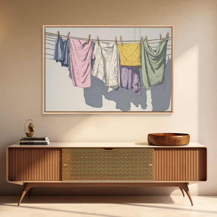 Simple Line Drawing of Hanging Laundry Framed Canvas Print, Laundry Room Art, Luxury Decor, Living Room Decor, Abstract Art, LRA-3x2-92