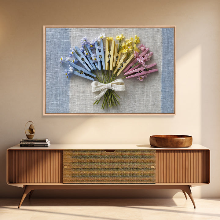 Clothespin Bouquet in Folk Art Style Framed Canvas Print, Laundry Room Art, Art Print, Living Room Decor, Fine Art, Clean, LRA-3x2-96