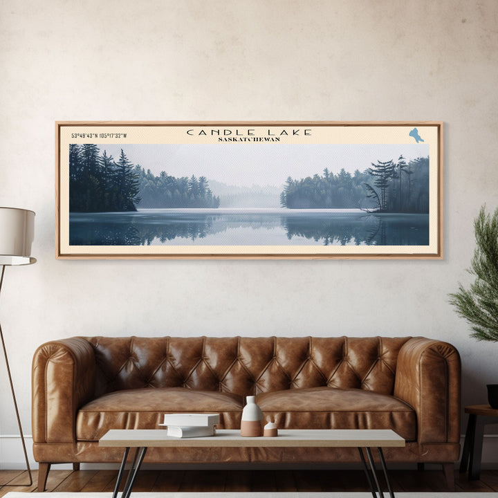 Candle Lake Framed Canvas Print, Panoramic Lake House Decor, Wall Art, Travel Poster, Rustic Lake Painting, Home Decor
