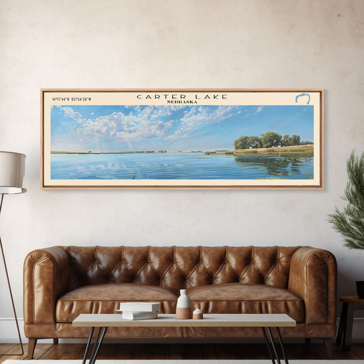 Carter Lake Nebraska Framed Canvas Print, Lake House Art, Panoramic Wall Art, Travel Poster, Modern Lake Painting, Home Decor