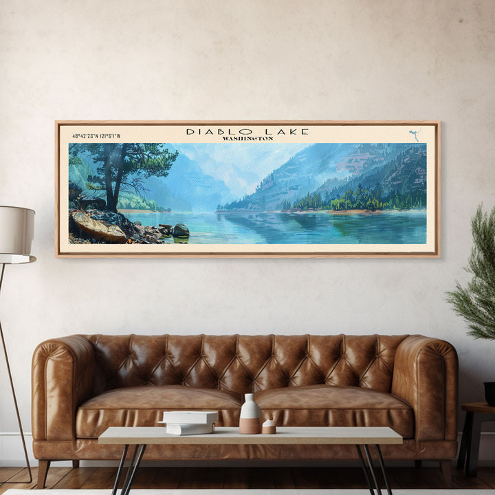Diablo Lake Washington Framed Canvas Print, Lake House Art, Panoramic Wall Art, Travel Poster, Minimalist Lake Painting, Home Decor