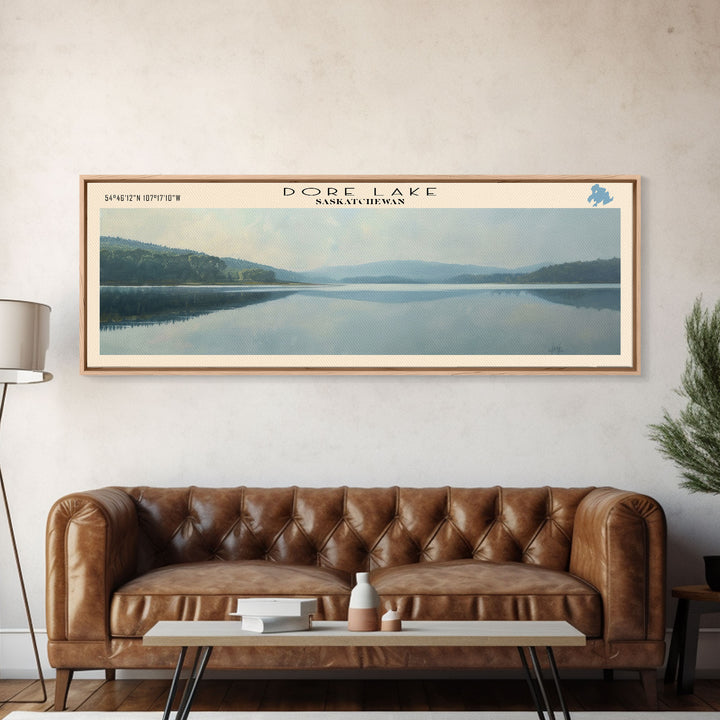 Dore Lake Framed Canvas Print, Lake House Decor, Panoramic Wall Art, Travel Poster, Rustic Lake Painting, Home Decor