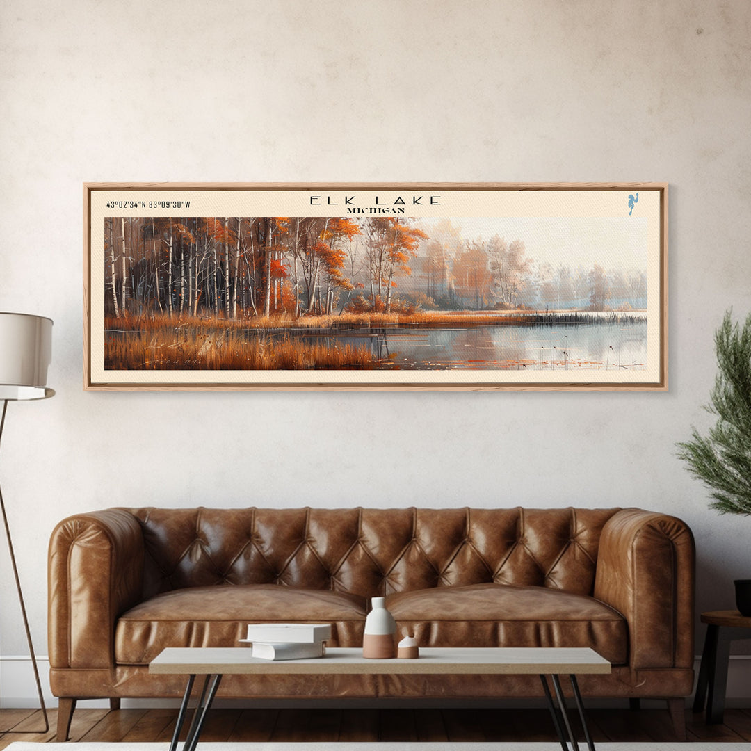 Elk Lake Michigan Framed Canvas Print, Lake House Art, Panoramic Wall Art, Travel Poster, Minimalist Lake Painting, Home Decor