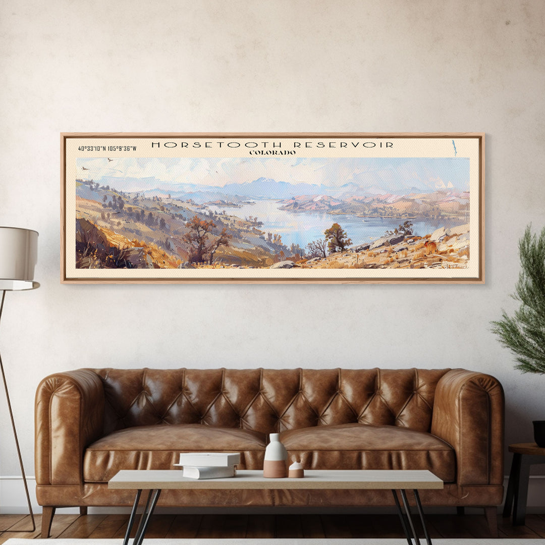 Horsetooth Reservoir Colorado Framed Canvas Print, Panoramic Lake House Decor, Wall Art, Travel Poster, Peaceful Lake Painting, Nature Art