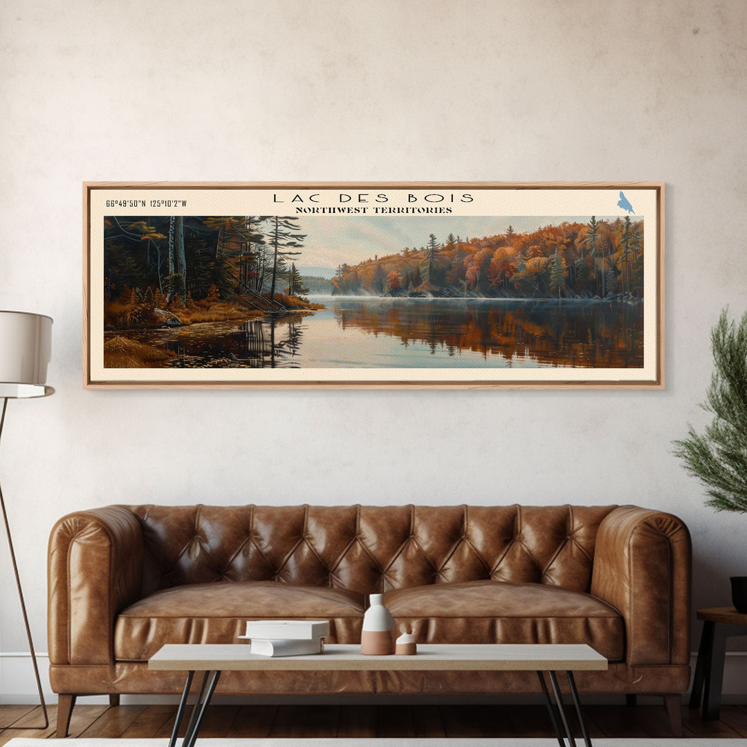 Lac Des Bois Framed Canvas Print, Panoramic Lake House Decor, Wall Art, Travel Poster, Serene Lake Painting, Nature Art
