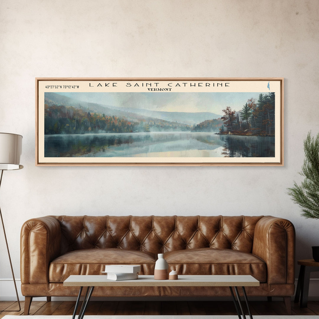Lake Saint Catherine, Boho Art, Scenic Landscape, Travel Poster Art, Wall Art, Home Decor, Nature Scene, Lake Painting, Minimalist Art, Living Room Decor, Travel Print, Framed Canvas Print, Lake House Decor, Panoramic Print