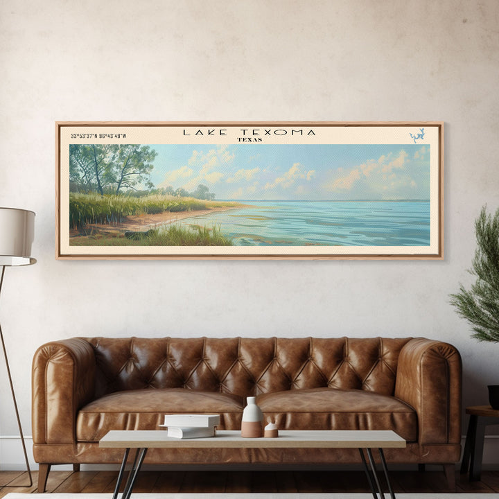 Lake Texoma Texas Framed Canvas Print, Lake House Decor, Panoramic Wall Art, Travel Poster, Stunning Landscape Painting, Cottage Art