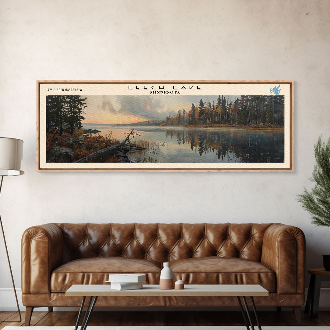 Leech Lake Framed Canvas Print, Lake House Decor, Panoramic Wall Art, Travel Poster, Landscape Painting, Cottage Art