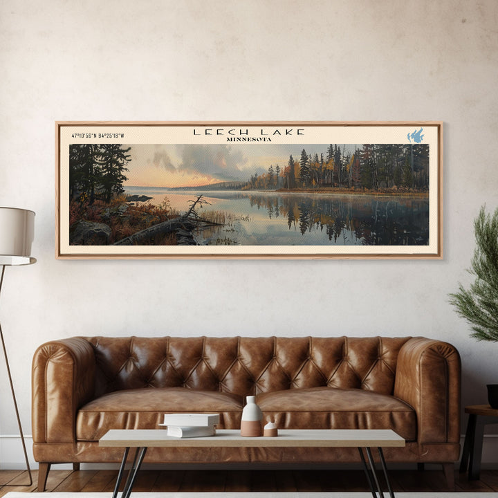 Leech Lake Framed Canvas Print, Lake House Decor, Panoramic Wall Art, Travel Poster, Landscape Painting, Cottage Art