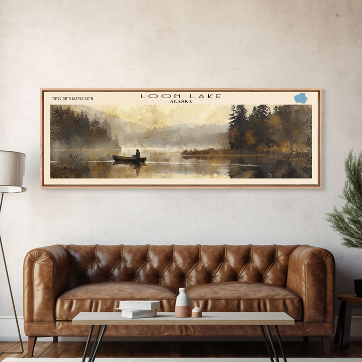 Loon Lake Framed Canvas Print, Lake House Decor, Panoramic Wall Art, Travel Poster, Landscape Painting, Contemporary Art