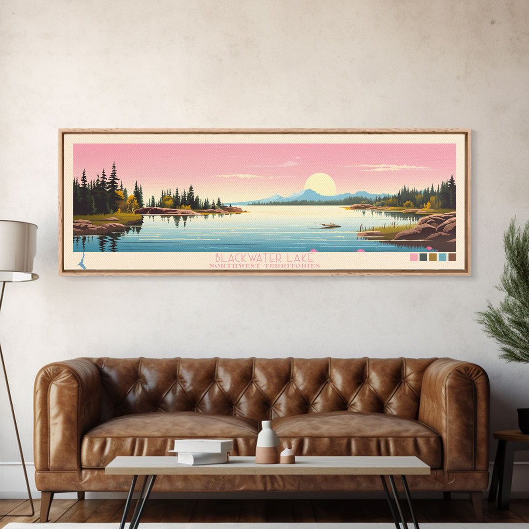 Blackwater Lake Northwest Territories Framed Canvas Print, Panoramic Wall Art, Midcentury Modern, Pop Art, Travel Poster, Scenic Living Room Art, Lake House Decor