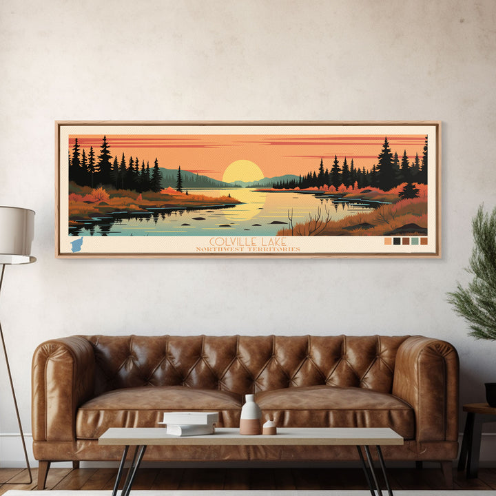 Colville Lake Northwest Territories Framed Canvas Print, Pop Art Panoramic Travel Poster, Bedroom Decor, Midcentury Modern, Wall Art, Scenic Lake House, Nature Art