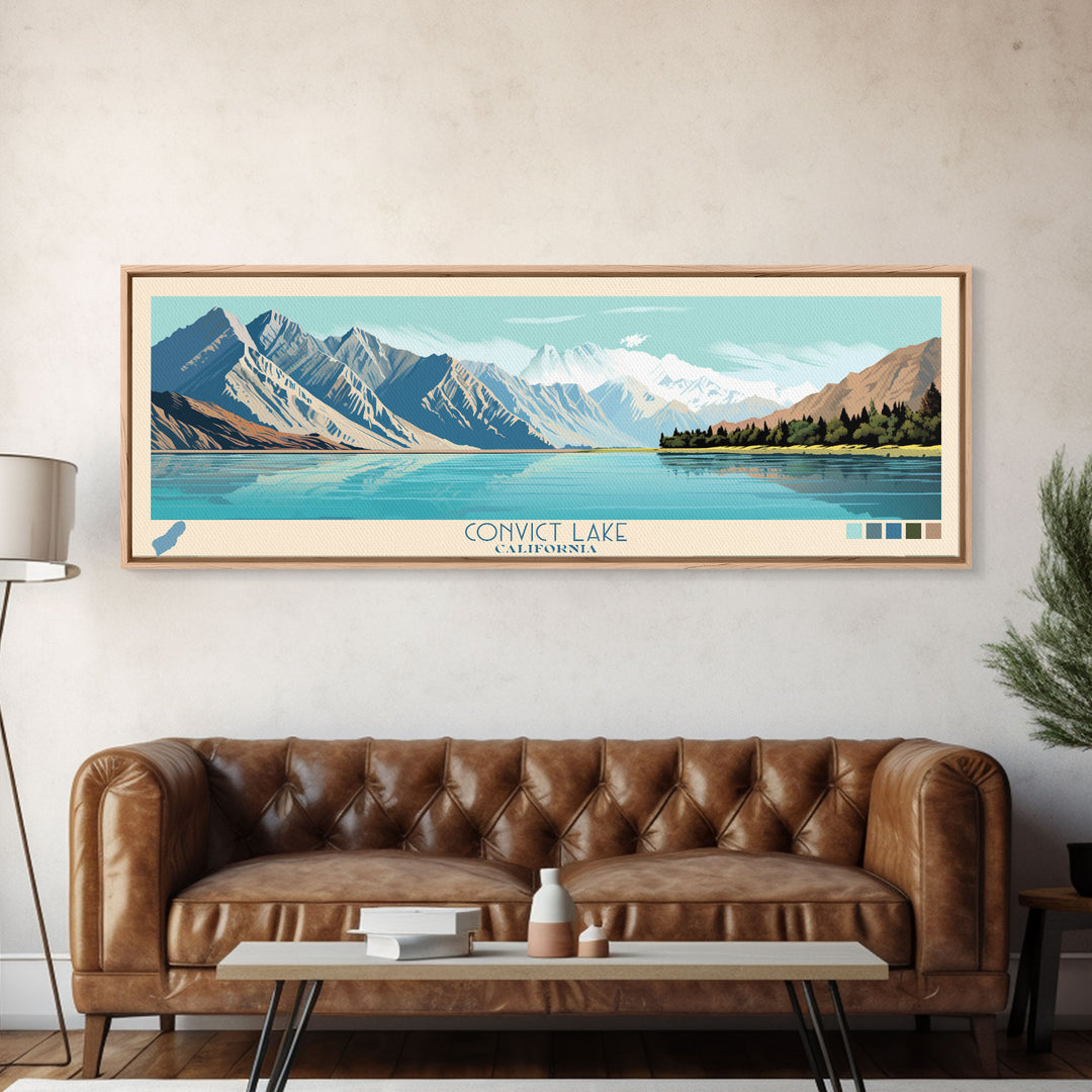 Convict Lake California Framed Canvas Print, Midcentury Modern Panoramic Wall Art, Living Room Decor, Pop Art, Travel Poster Art, Nature Art, Lake House Decor