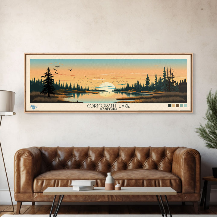 Cormorant Lake Manitoba Framed Canvas Print, Pop Art Panoramic Travel Poster, Midcentury Modern, Wall Art, Scenic Nature Painting, Bedroom Decor, Living Room Art