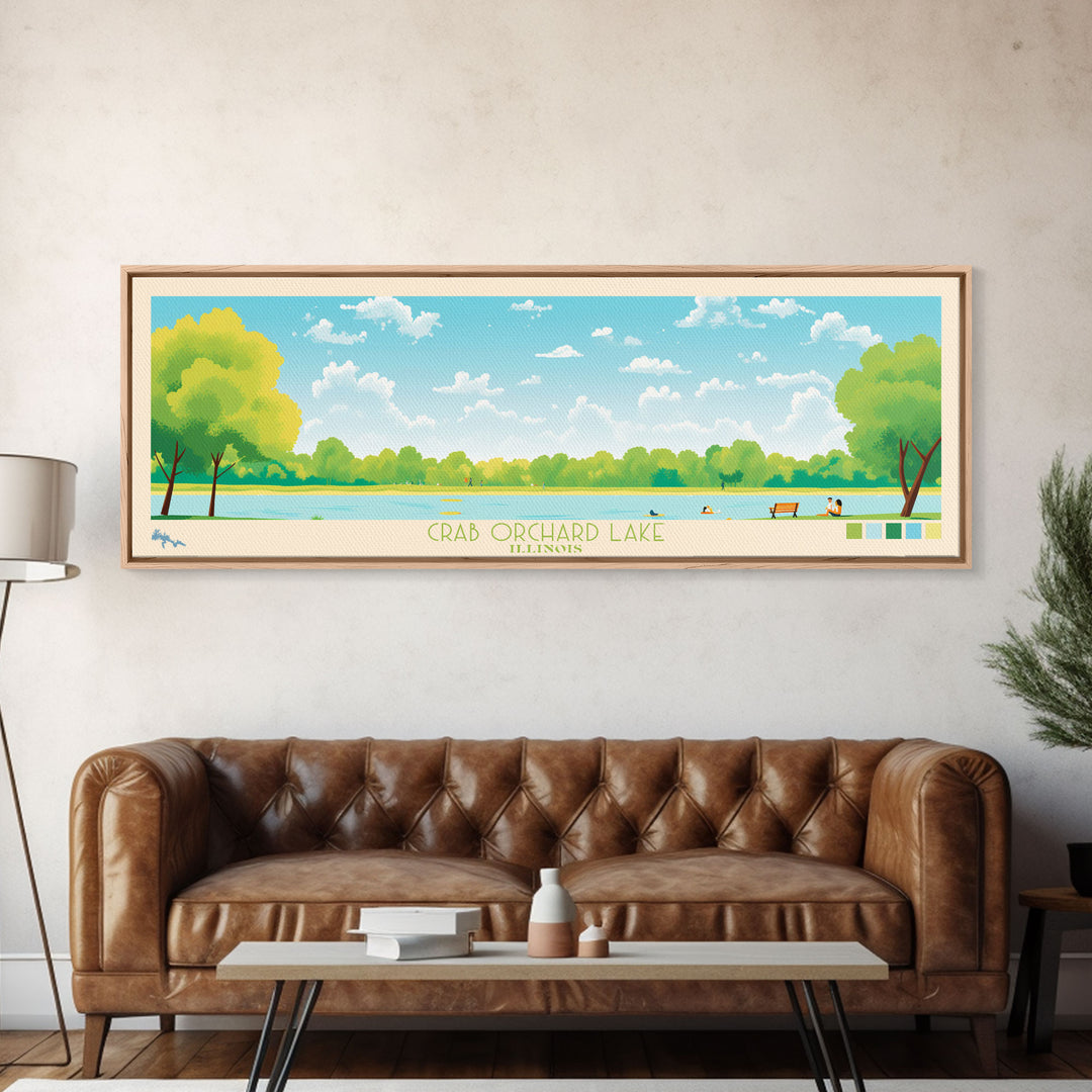 Crab Orchard Lake Illinois Framed Canvas Print, Midcentury Modern Panoramic Wall Art, Living Room Decor, Pop Art, Travel Poster Art, Scenic Nature Painting, Lake House Decor