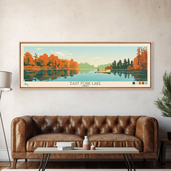 East Fork Lake Ohio Framed Canvas Print, Panoramic Wall Art, Midcentury Modern, Pop Art, Bedroom Decor, Travel Poster, Artistic Lake Painting