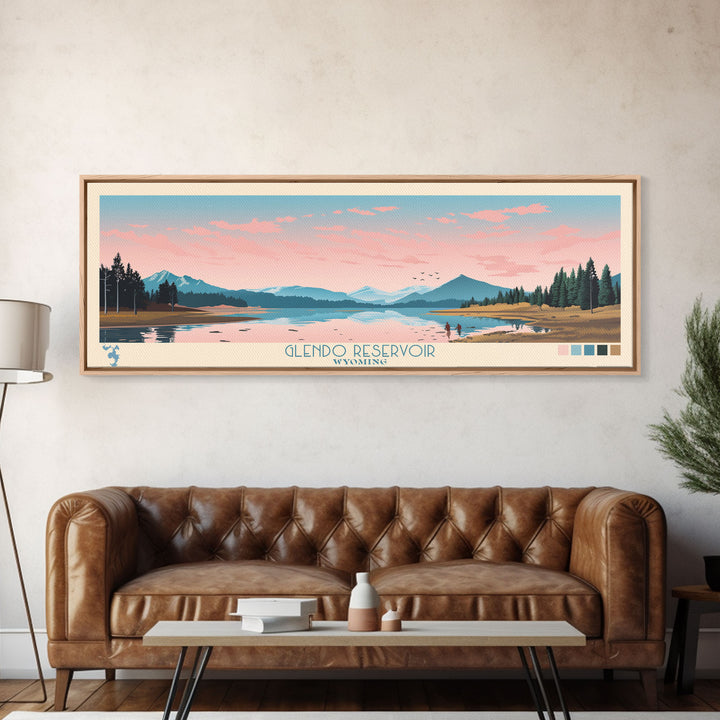 Glendo Reservoir Wyoming Framed Canvas Print, Panoramic Art, Midcentury Modern, Pop Art, Bedroom Decor, Travel Poster, Nature Painting, Home Decor