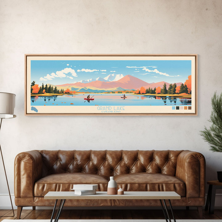 Grand Lake Colorado Framed Canvas Print, Panoramic Wall Art, Midcentury Modern, Pop Art, Living Room Decor, Travel Poster, Nature Art, Home Decor